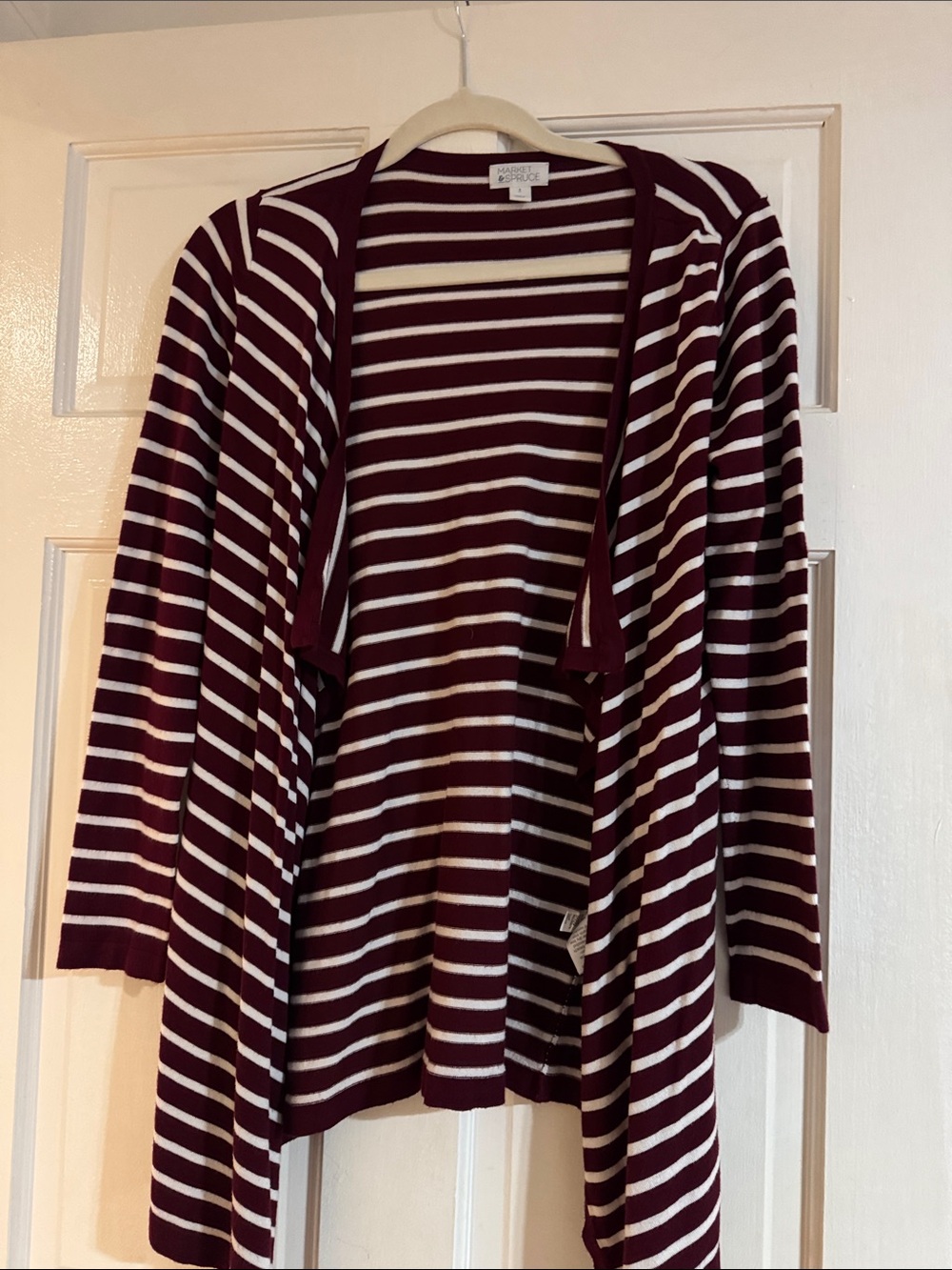Market & Spruce Maroon and White Striped Open-Front Cardigan